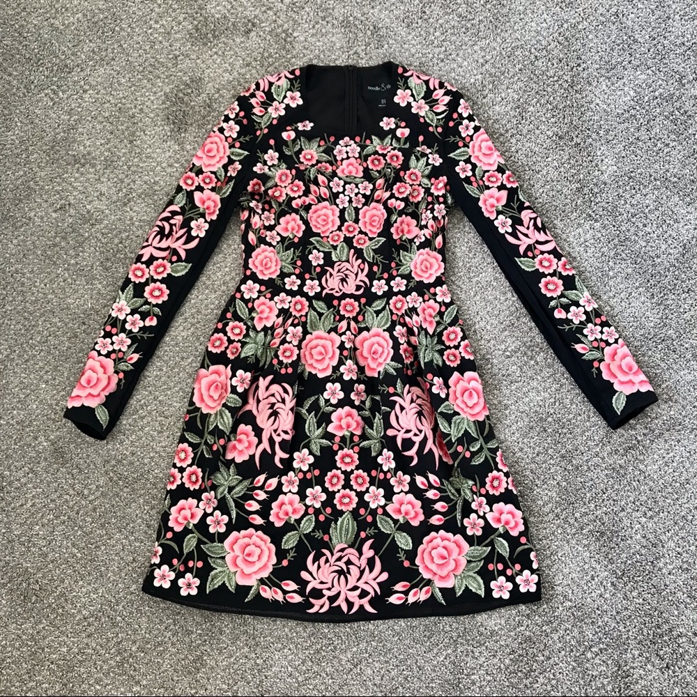 Needle & Thread Black and Pink Floral Long Sleeve Dress